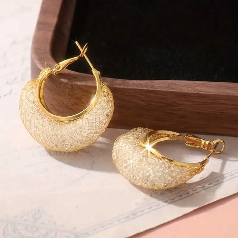 Elegant Crescent Mesh Hoop Earrings with Sparkling Cubic Zirconia
