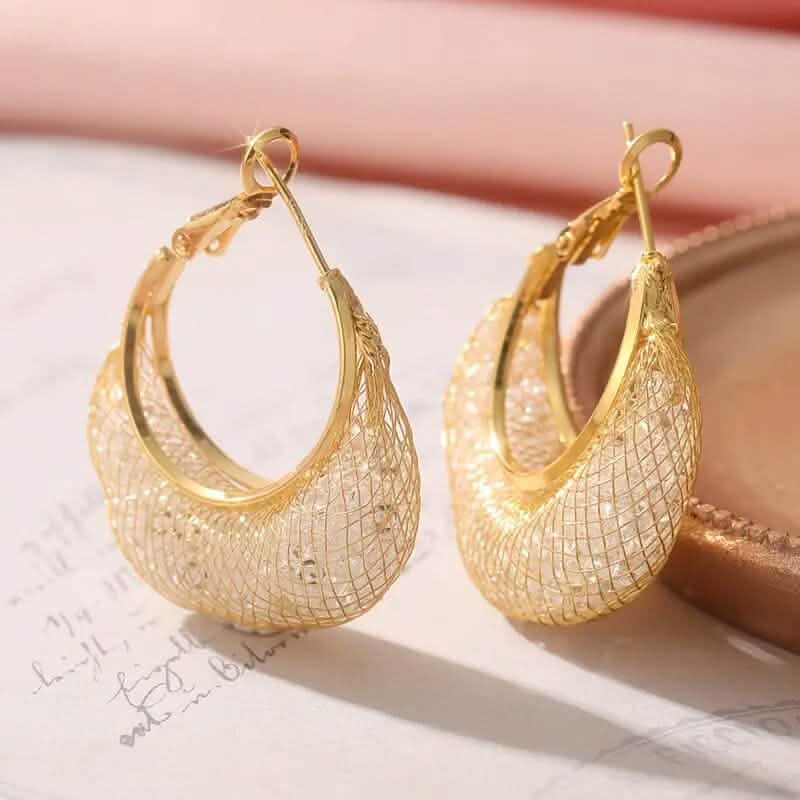 Elegant Crescent Mesh Hoop Earrings with Sparkling Cubic Zirconia