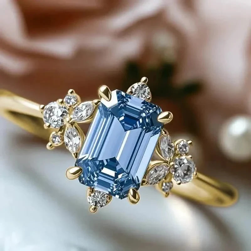 Elegant Gold-Plated Copper Engagement Ring with Square Blue Cubic Zirconia