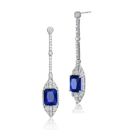 Elegant Sterling Silver Simulated with Rhodium Plated Sapphire Drop Earrings