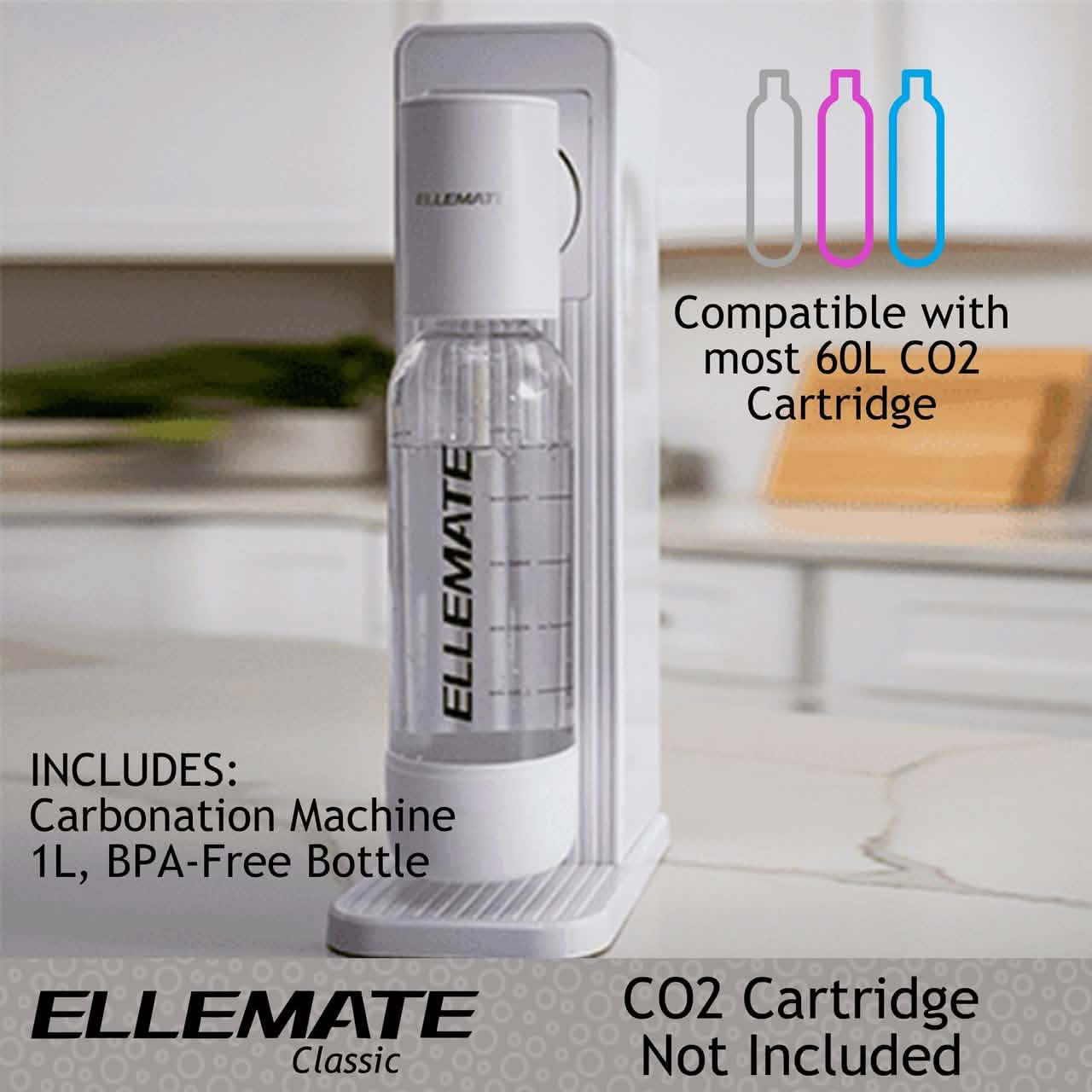 Ellemate Classic Carbonated Drink Maker, Seltzer Water with One-Push Fizz Technology, Cordless Carbonation for Bubbly Water