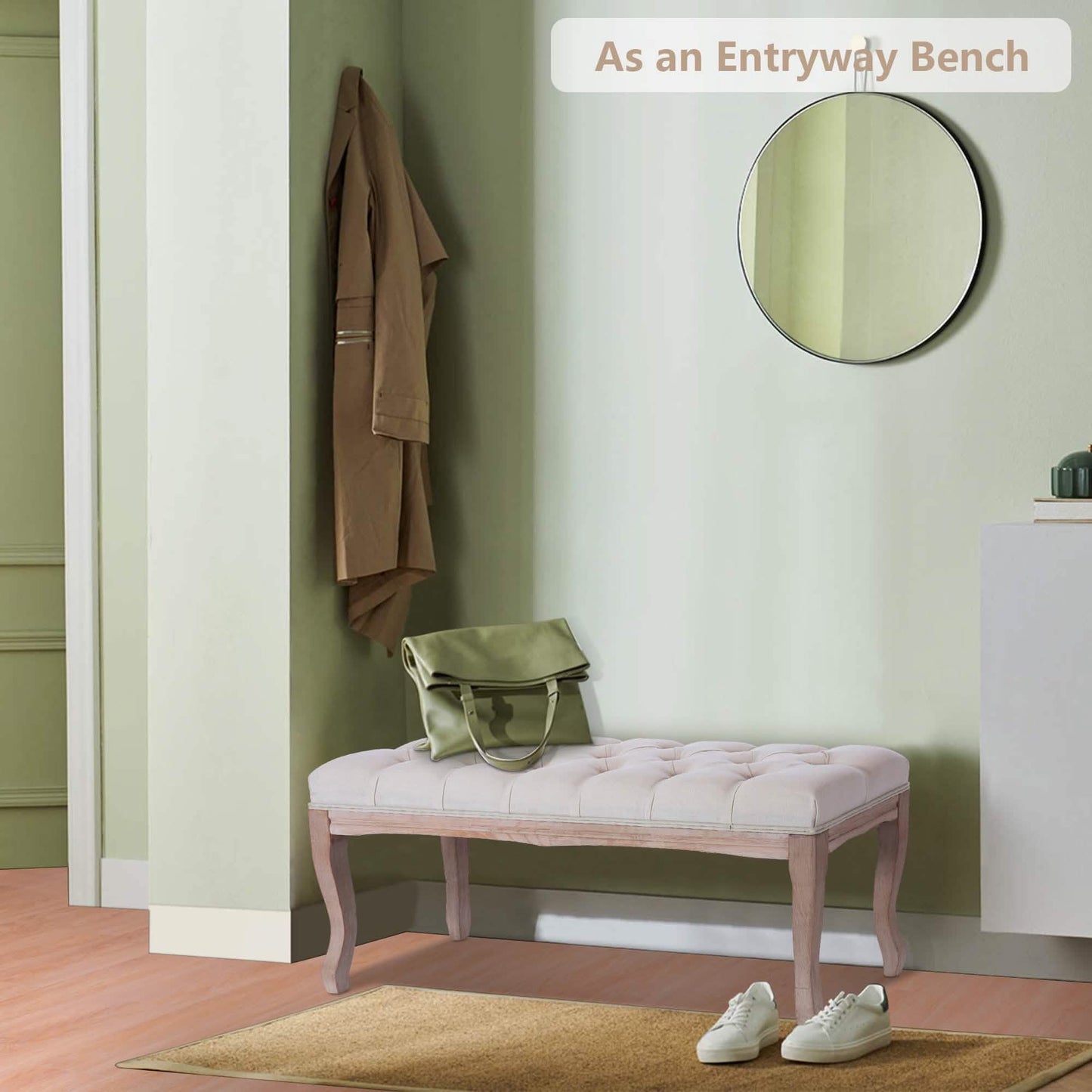 Entryway Wooden Bench, Upholstered Fabric Footstool