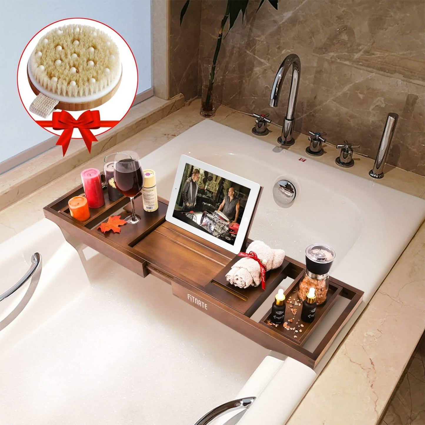 Expandable Bamboo Caddy Bath Tub Organizer Tray