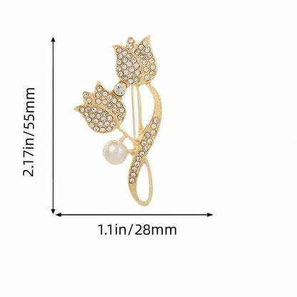 Exquisite Tulip-Shaped Faux Pearl Brooch Adorned with Artificial Diamond