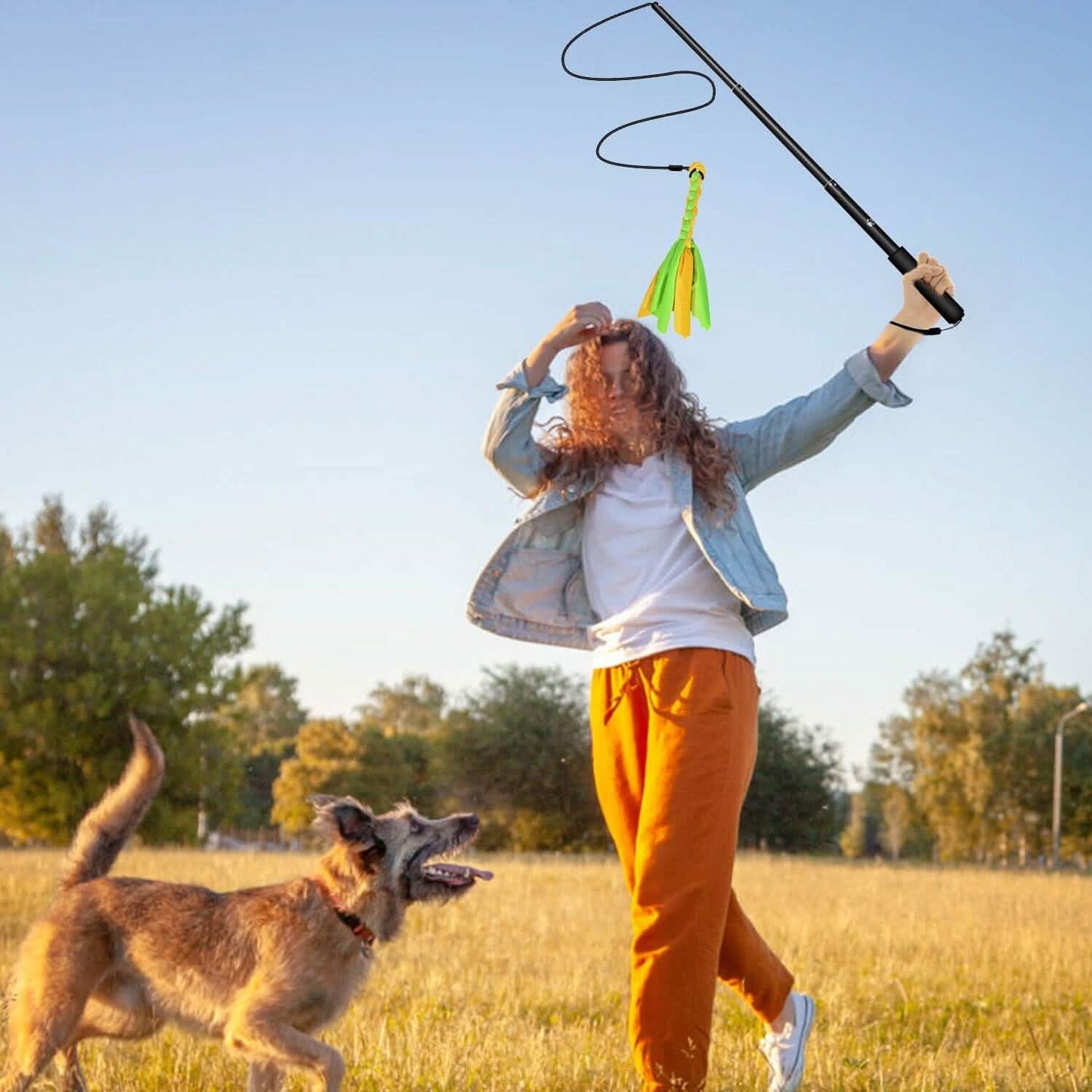Extendable Dog Flirt Pole with 2 Replaceable Interactive Tail Toys