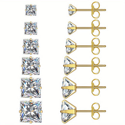 316 Stainless Steel Square Stud Earrings with Cubic Zirconia Accents