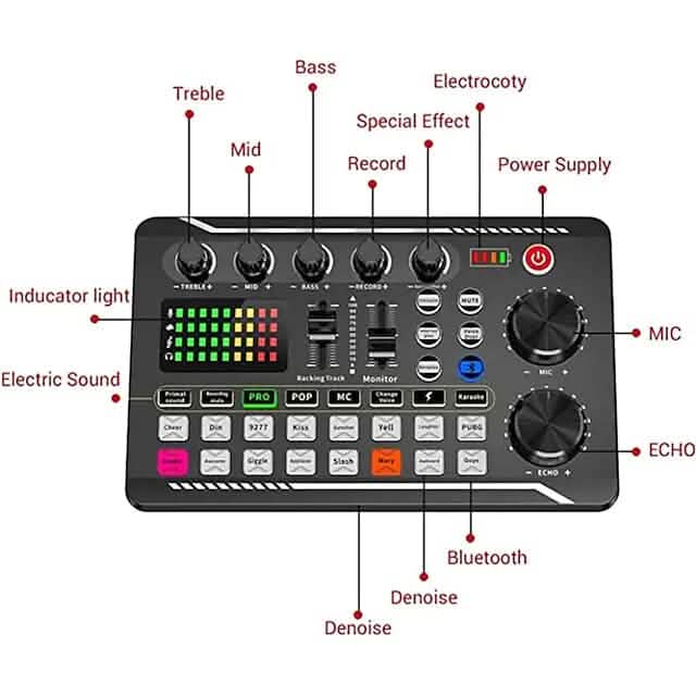 F998 Live Sound Card Audio Mixer Podcast Audio Interface with DJ Mixer Effects