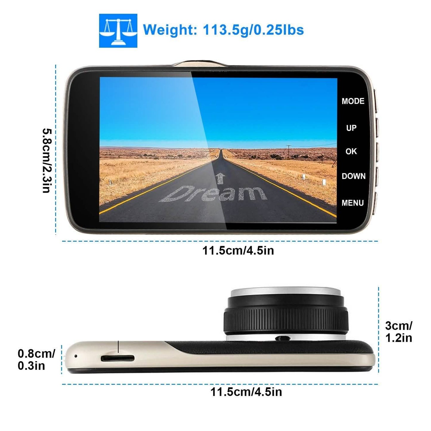FHD 1080P Dash Cam 4" Screen Dual Cameras