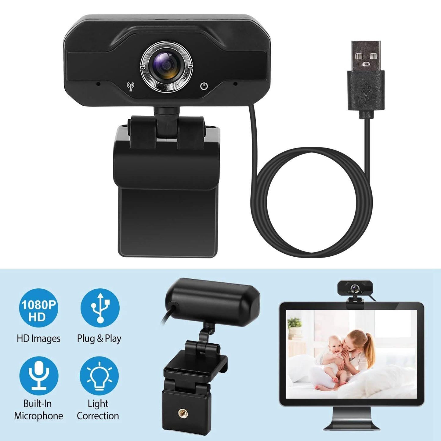 FHD 1080P USB Webcam with 360° Rotatable Clip