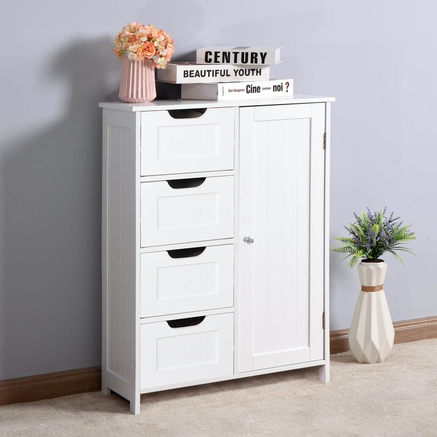 Floor Cabinet Bathroom Organizer with 4 Drawers and Adjustable Shelf