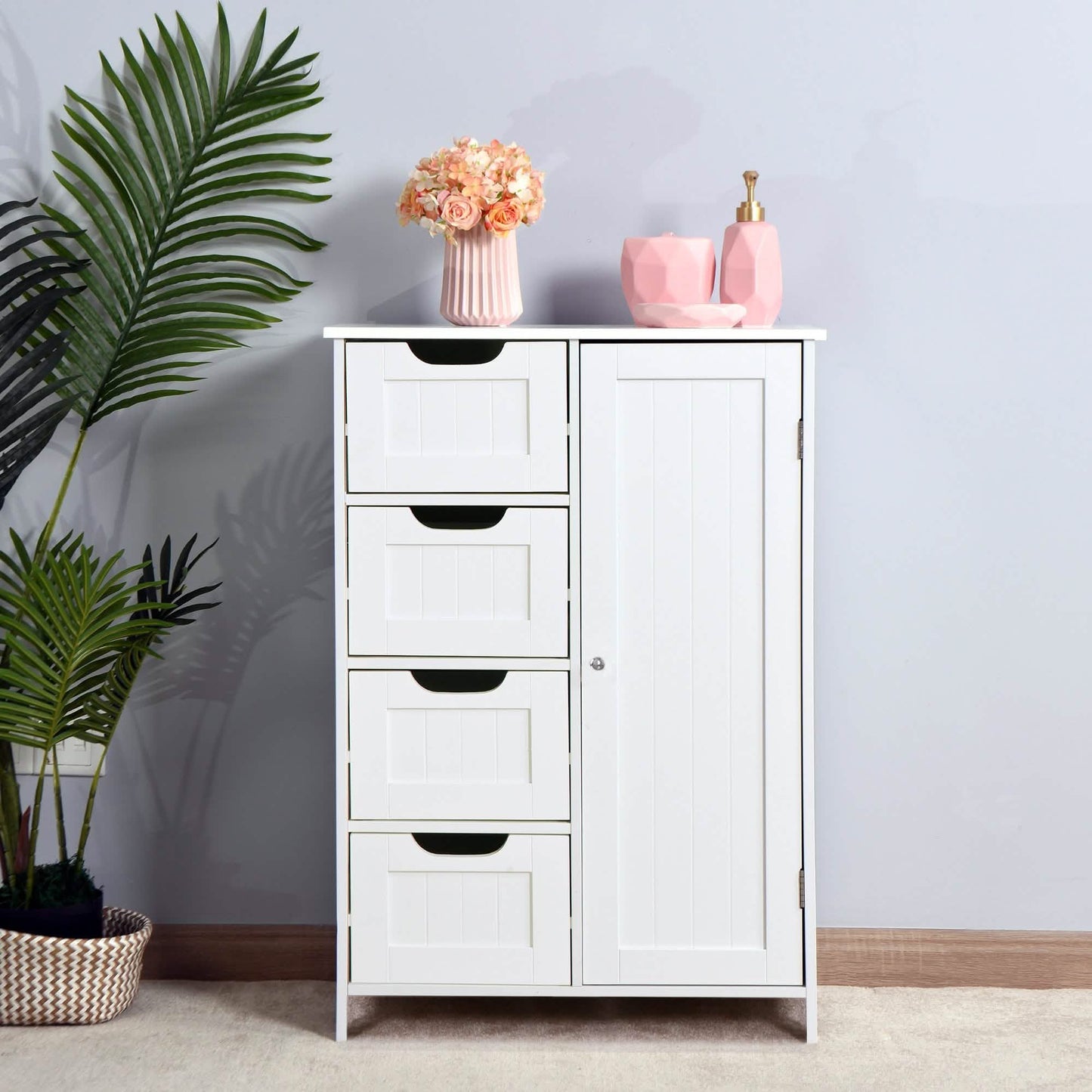 Floor Cabinet Bathroom Organizer with 4 Drawers and Adjustable Shelf
