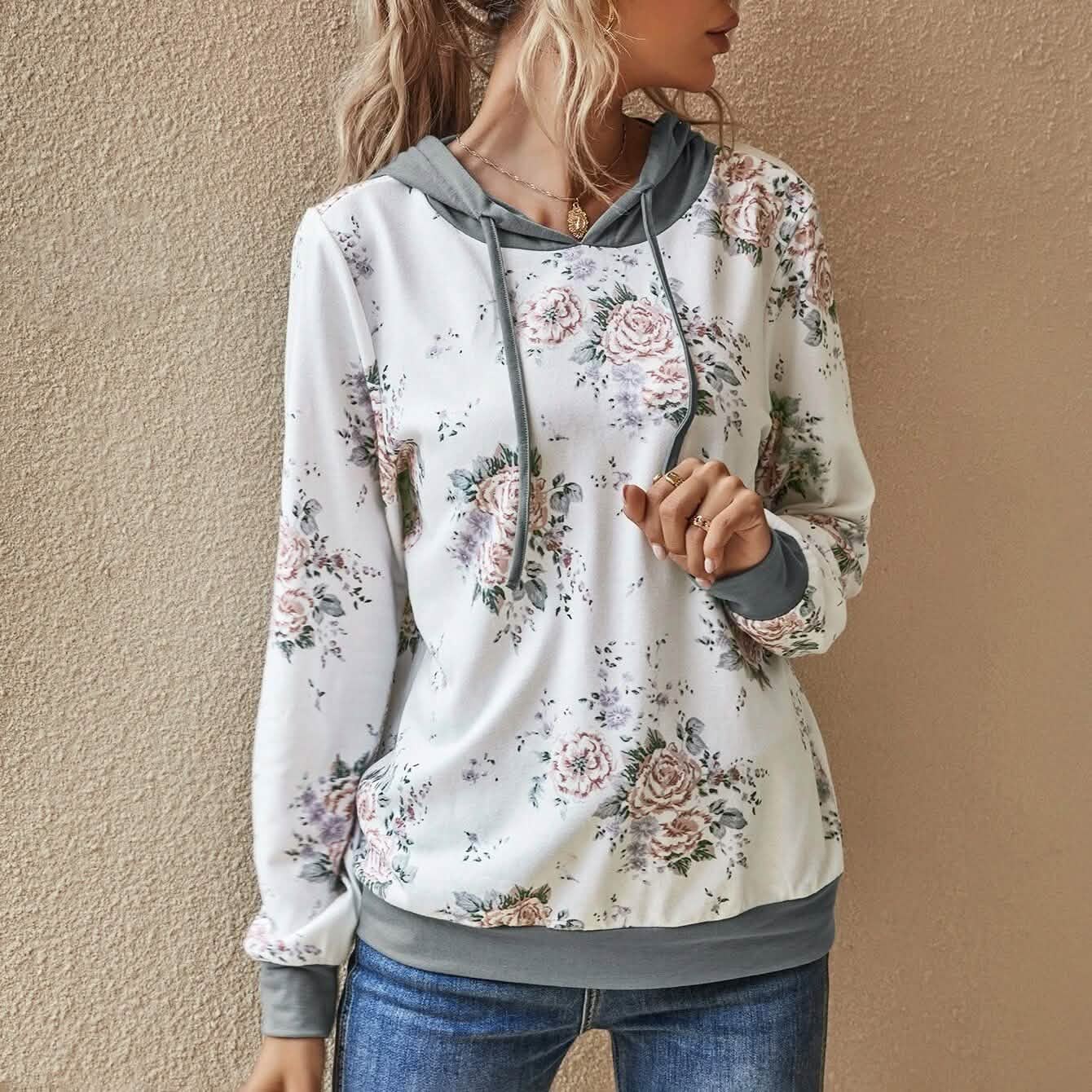 Floral Print Drawstring Hoodie