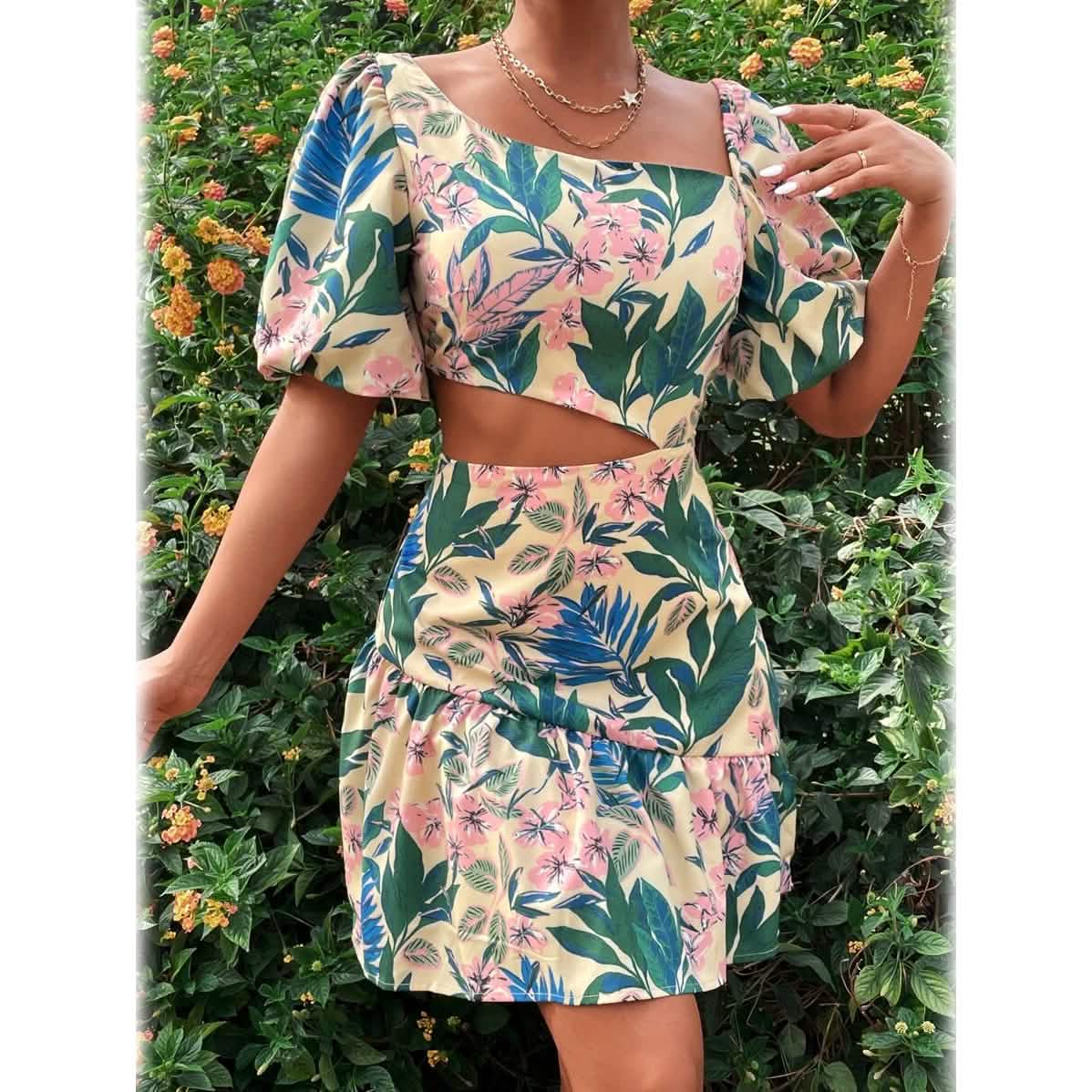 Floral Print Lantern Sleeve Cut Out Asymmetrical Neck Ruffle Hem Dress