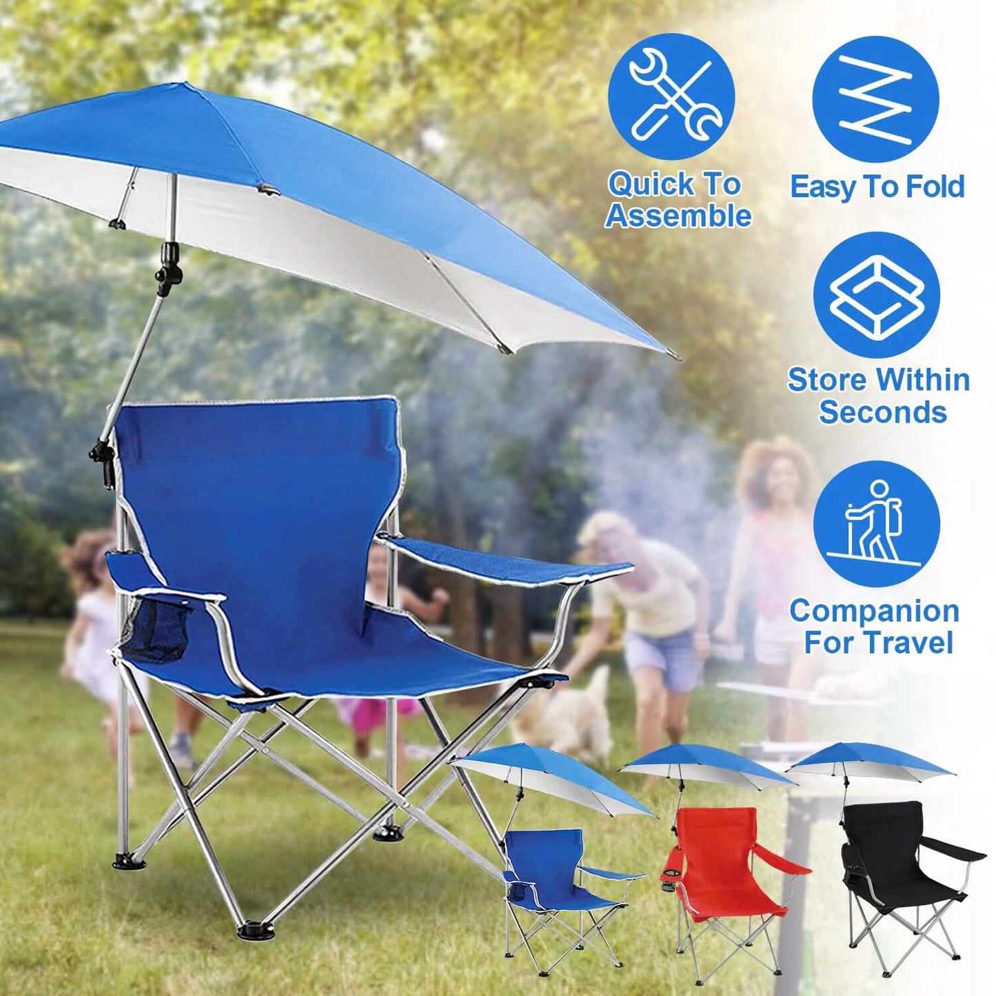 Foldable Beach Chair with Detachable Armrest Adjustable Canopy Stool with Cup Holder