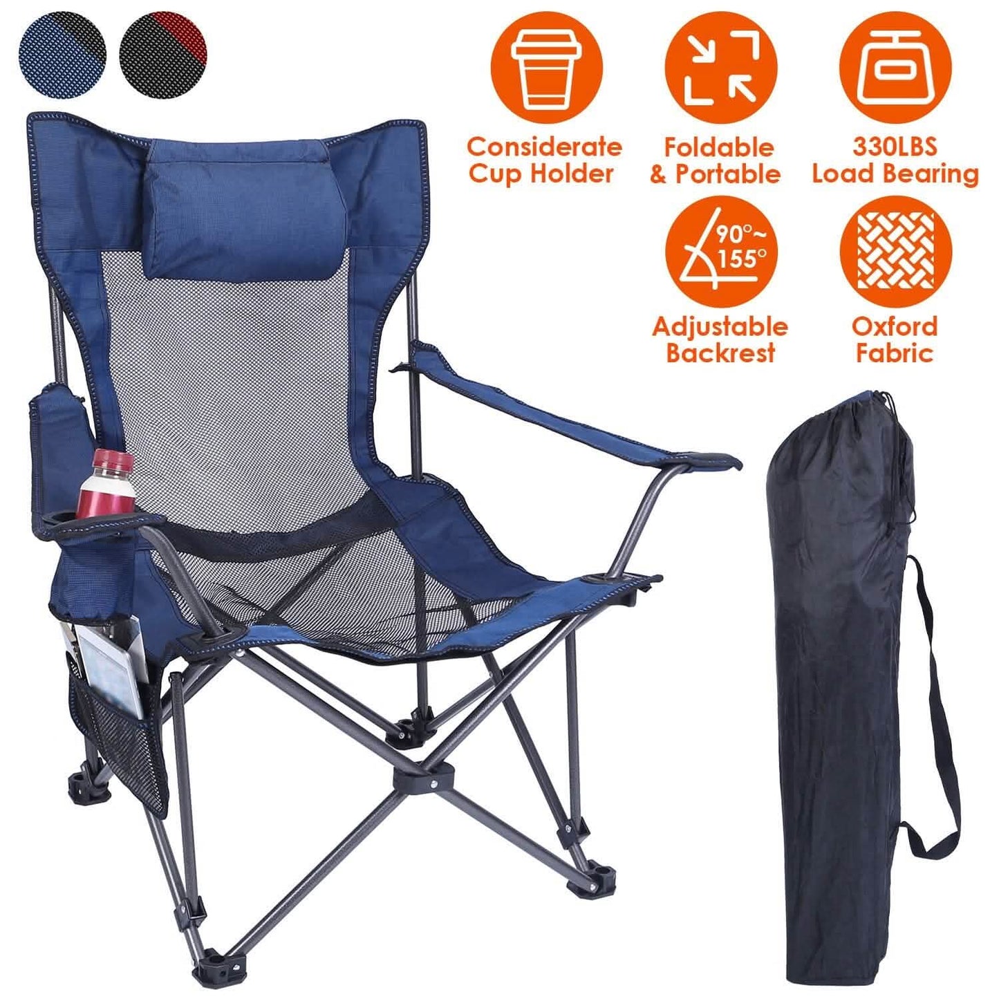 Foldable Camping Chair Heavy Duty Steel Lawn Chair with Reclining Backrest Angle