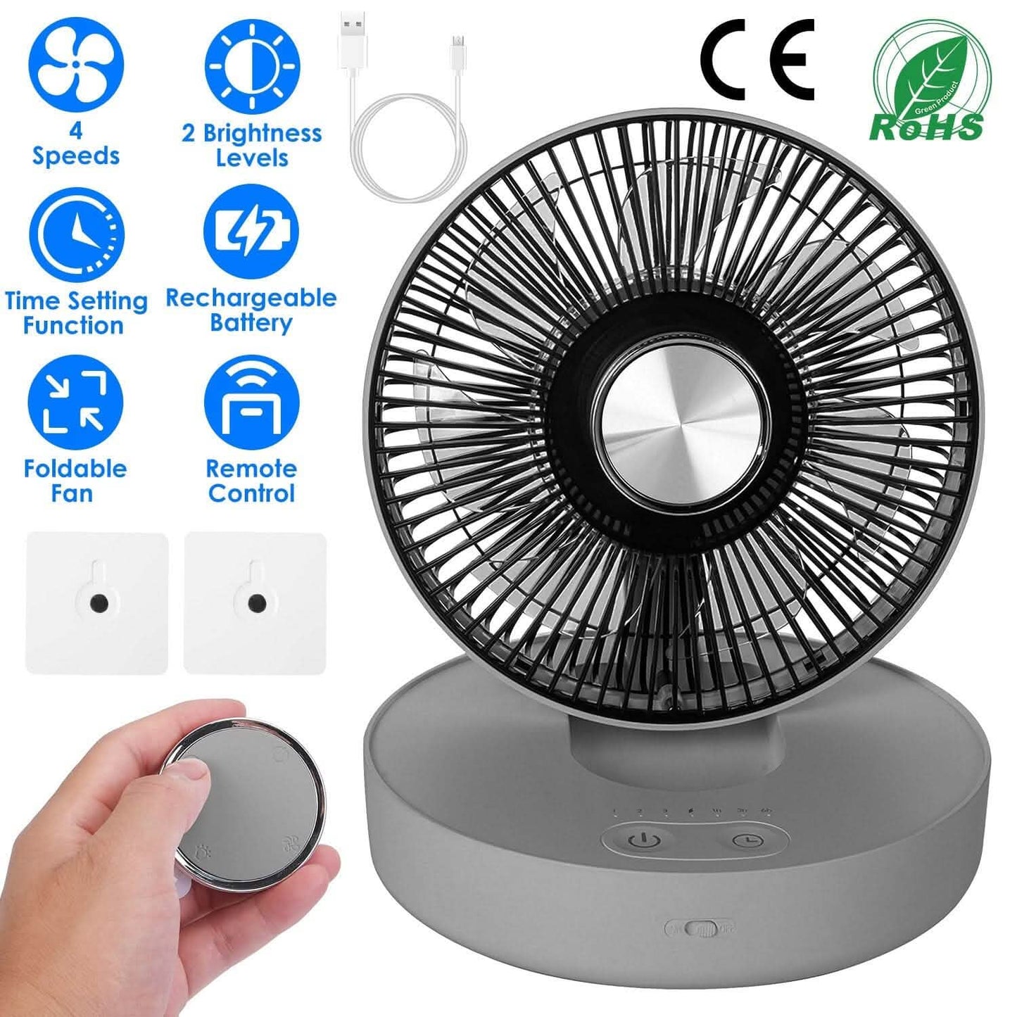 Foldable Rechargeable LED Desk Fan Wall Mounted with Magnetic Remote