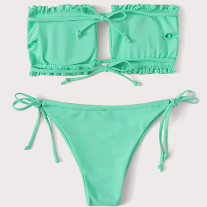 Frill Trim Bandeau Tie Side Bikini Swimsuit
