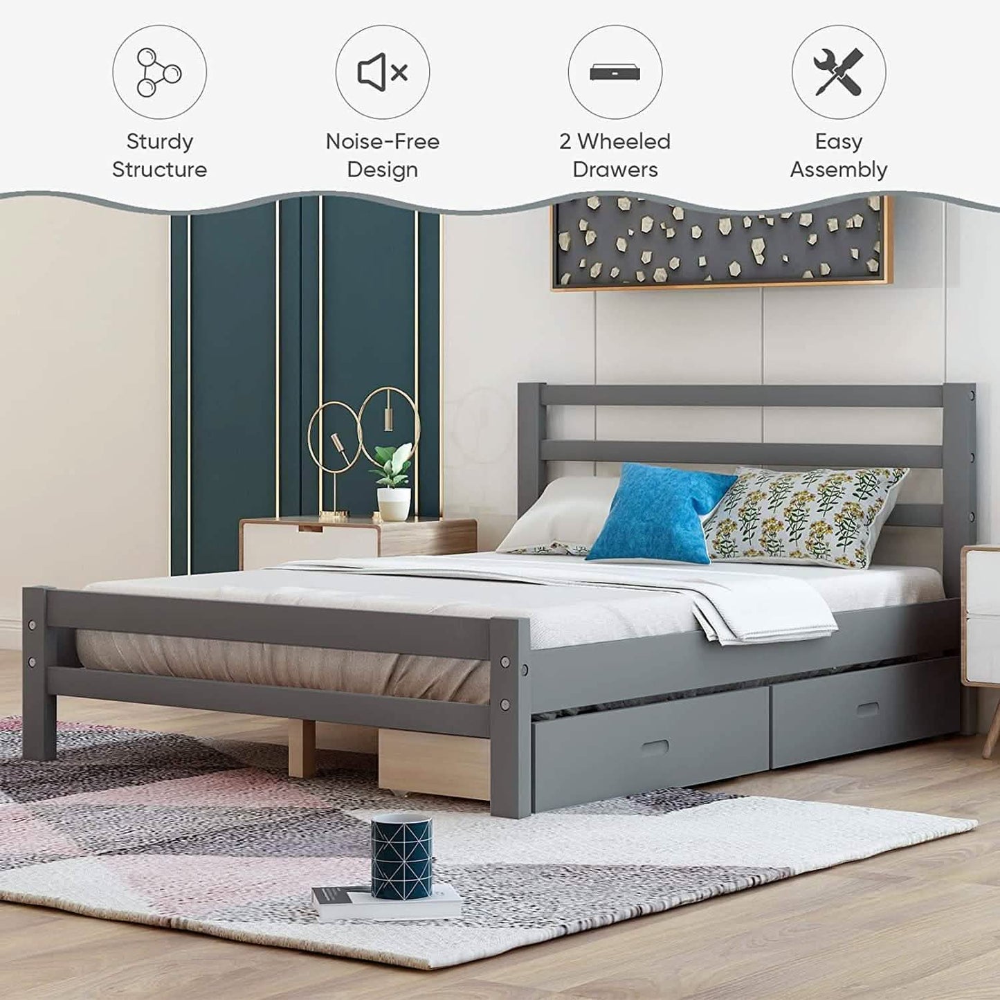 Full Platform Bed Frame with Two Storage Drawers