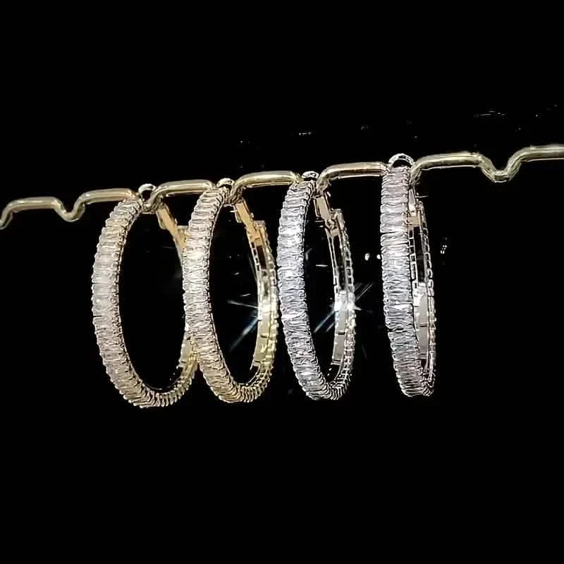 Full Rectangular Shiny Synthetic Zirconia Decorative Hoop Earrings