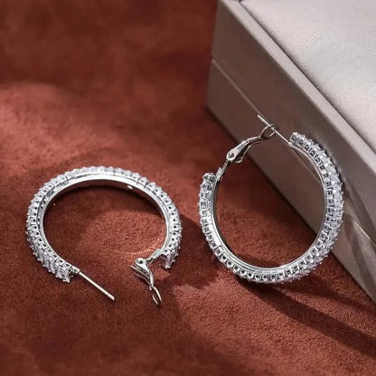 Full Rectangular Shiny Synthetic Zirconia Decorative Hoop Earrings