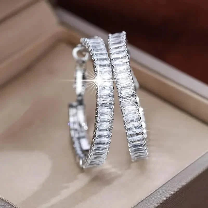 Full Rectangular Shiny Synthetic Zirconia Decorative Hoop Earrings