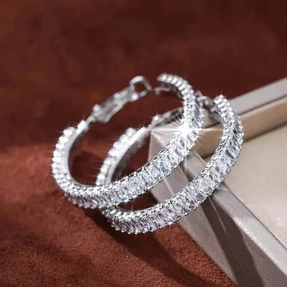 Full Rectangular Shiny Synthetic Zirconia Decorative Hoop Earrings