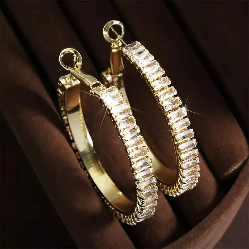 Full Rectangular Shiny Synthetic Zirconia Decorative Hoop Earrings