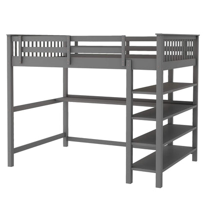 Full Size Loft Bed with Under-bed Desk and Storage Shelves