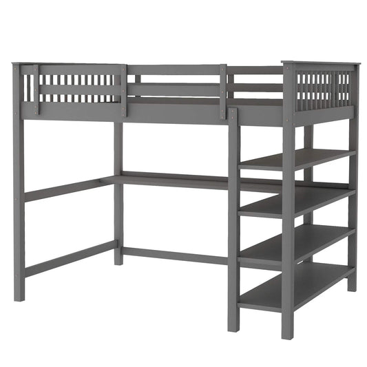 Full Size Loft Bed with Under-bed Desk and Storage Shelves