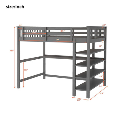 Full Size Loft Bed with Under-bed Desk and Storage Shelves