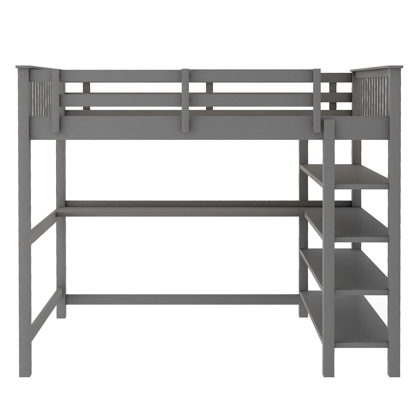 Full Size Loft Bed with Under-bed Desk and Storage Shelves