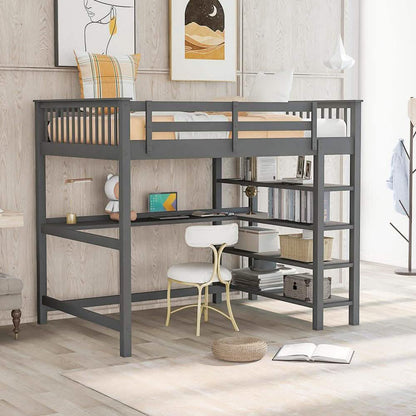 Full Size Loft Bed with Under-bed Desk and Storage Shelves