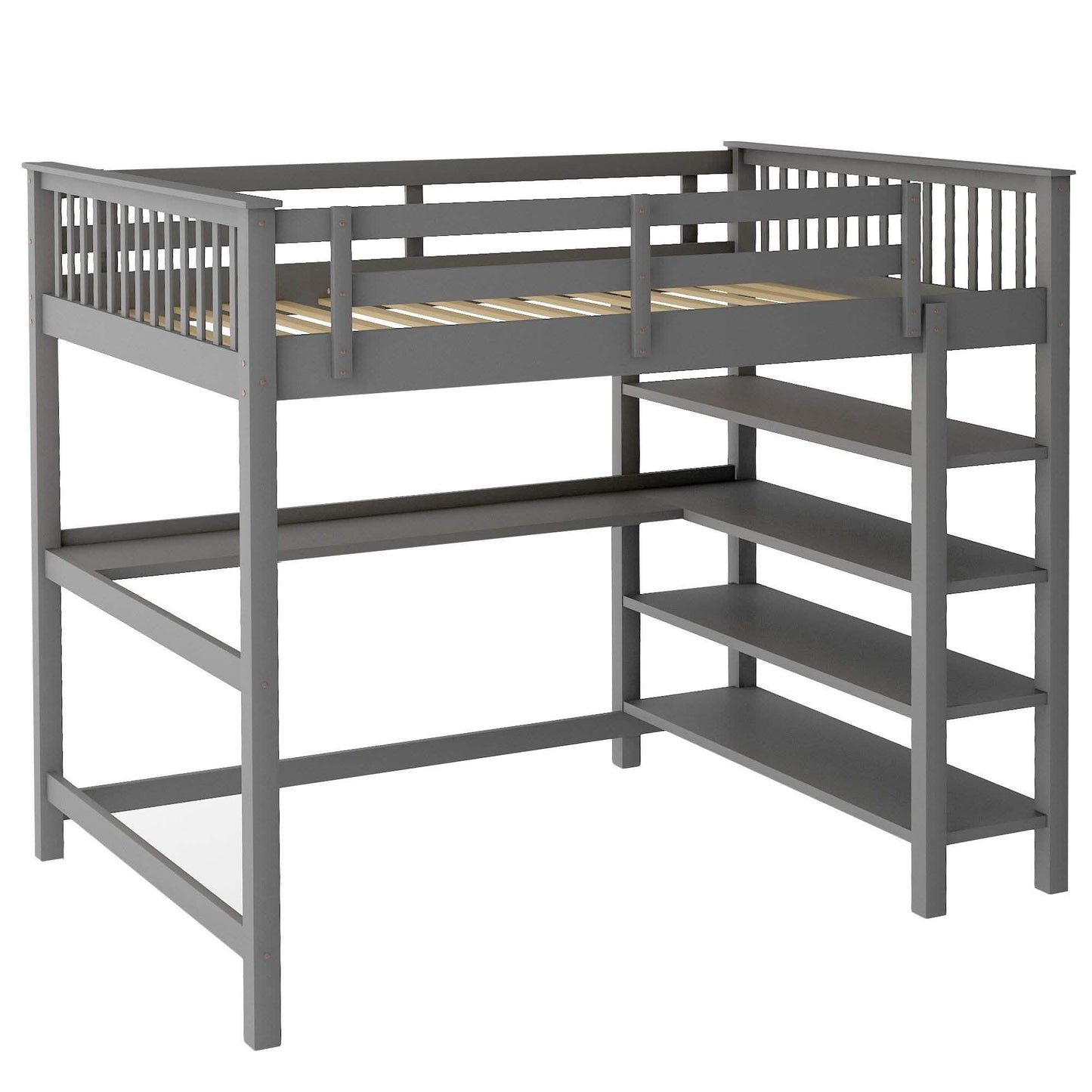 Full Size Loft Bed with Under-bed Desk and Storage Shelves