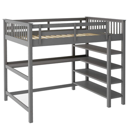 Full Size Loft Bed with Under-bed Desk and Storage Shelves