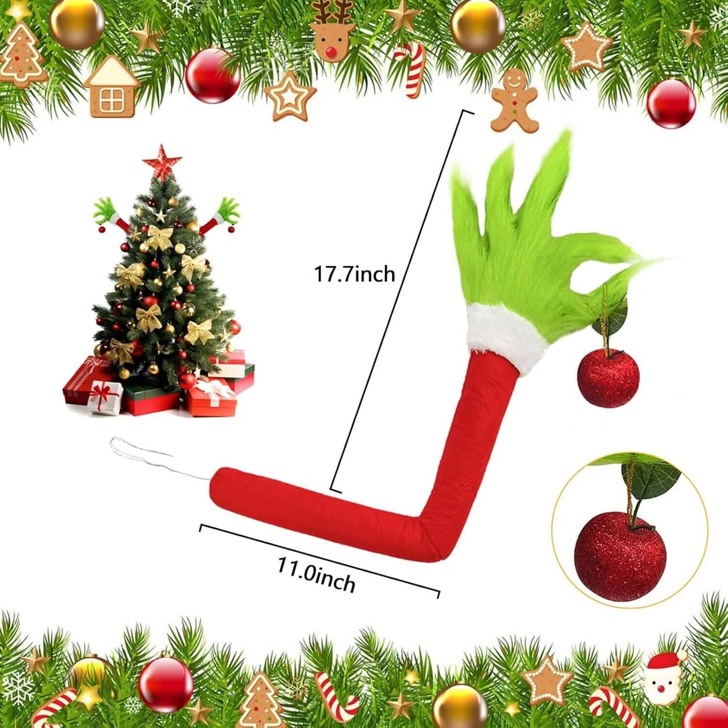 Furry Green Monster Elf Arms Hand for Christmas Tree Ornaments