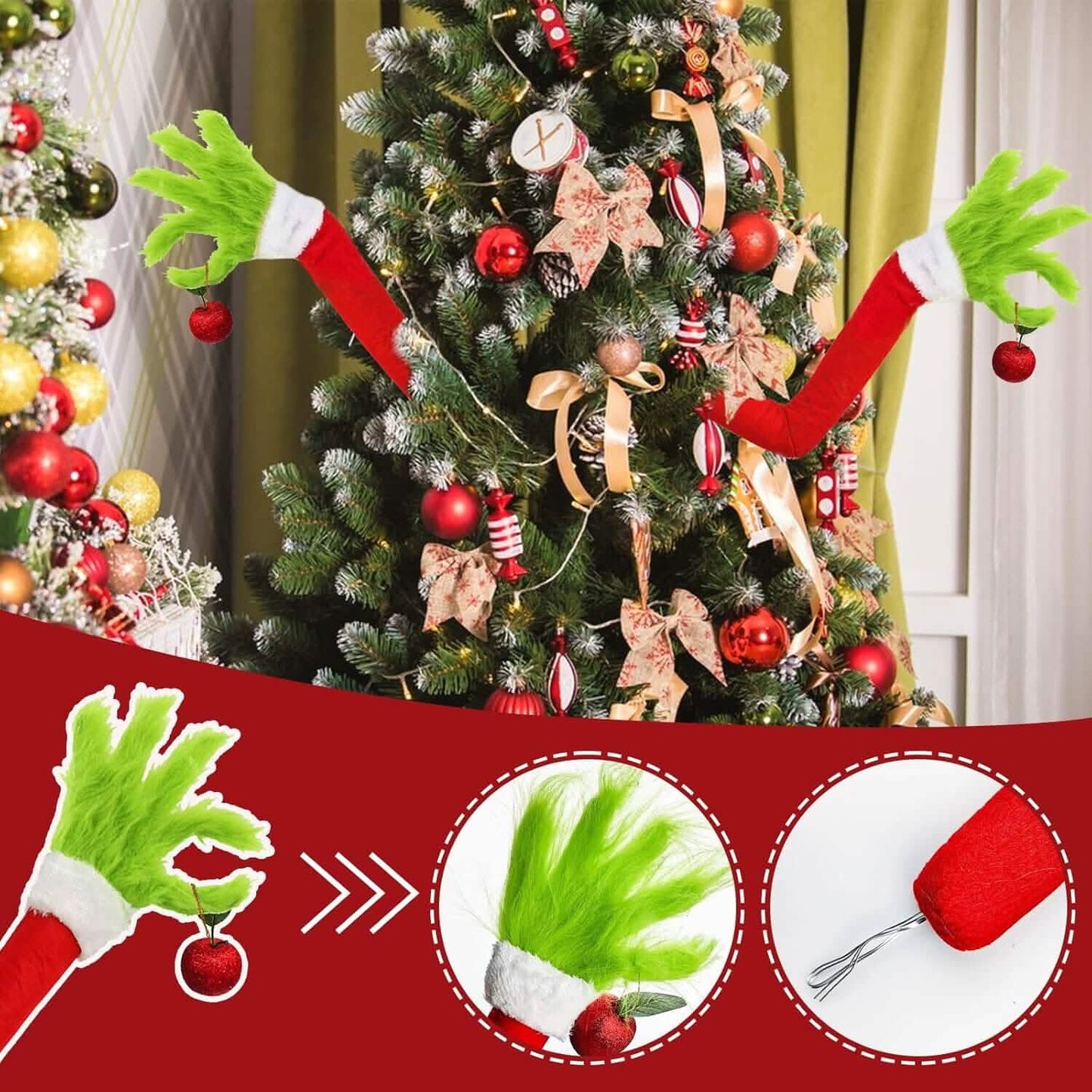 Furry Green Monster Elf Arms Hand for Christmas Tree Ornaments