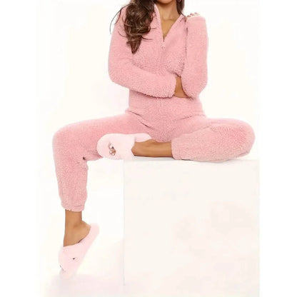 Fuzzy Hooded Pajama Jumpsuit For Music Festival, Long Sleeve Zipper Lingerie & Sleepwear
