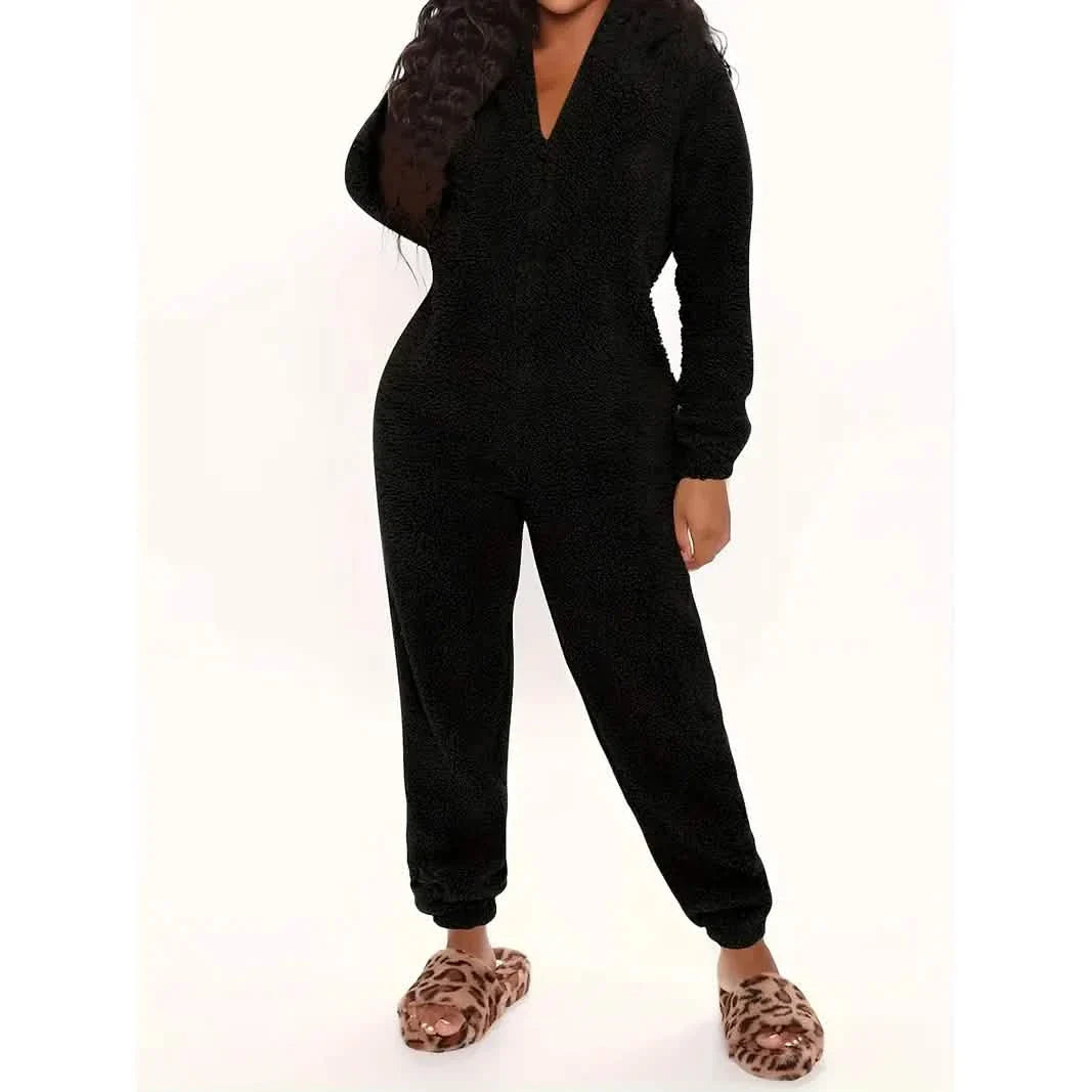 Fuzzy Hooded Pajama Jumpsuit For Music Festival, Long Sleeve Zipper Lingerie & Sleepwear