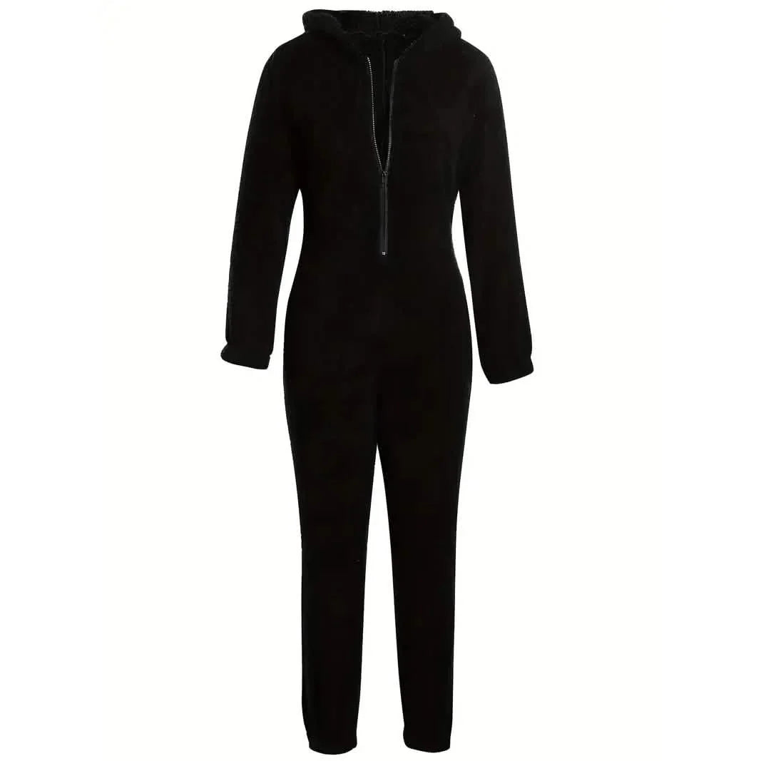 Fuzzy Hooded Pajama Jumpsuit For Music Festival, Long Sleeve Zipper Lingerie & Sleepwear