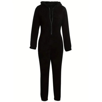 Fuzzy Hooded Pajama Jumpsuit For Music Festival, Long Sleeve Zipper Lingerie & Sleepwear