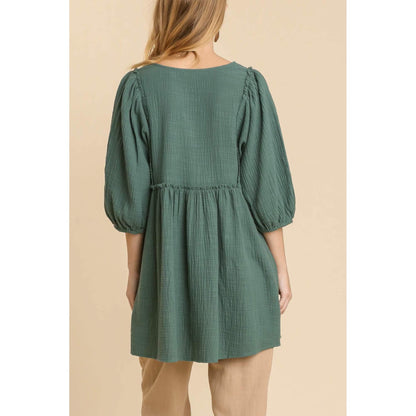 Gauze Slub V-neck Frayed Edge Detail Tunic Dress
