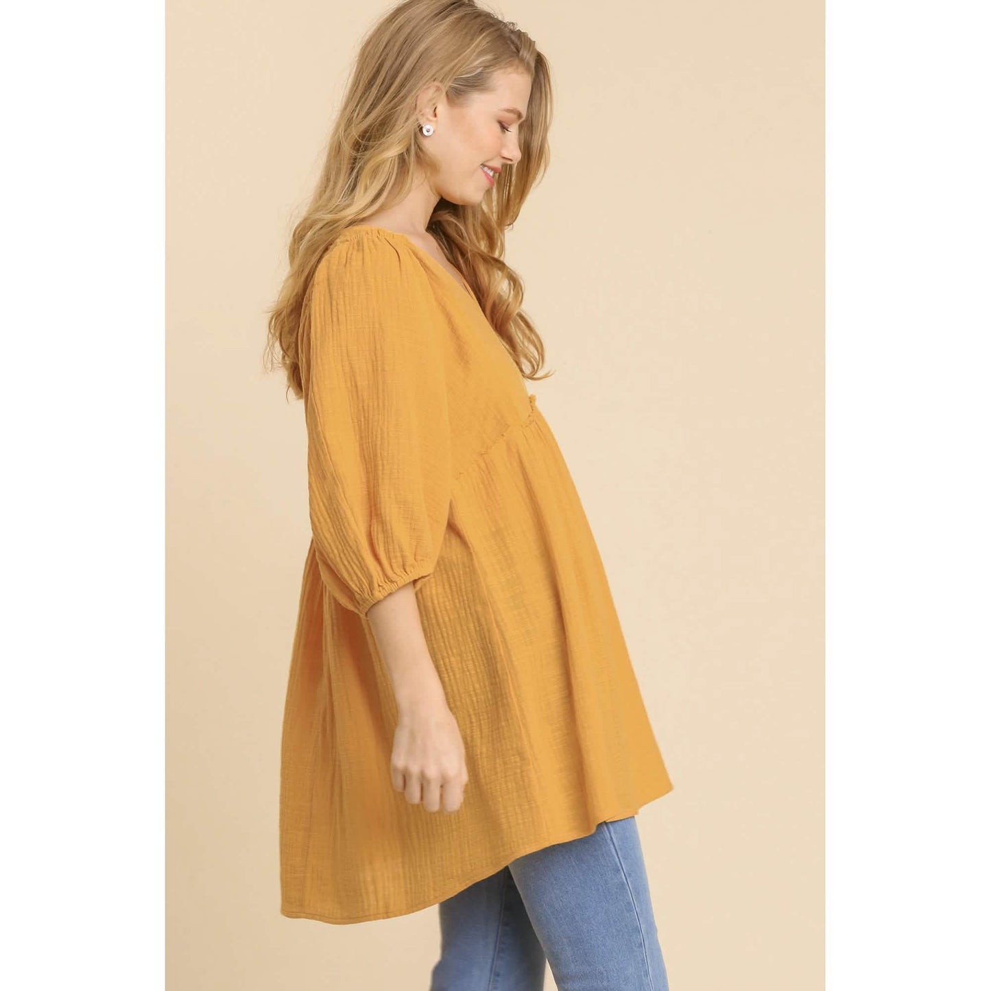 Gauze Slub V-neck Frayed Edge Detail Tunic Dress