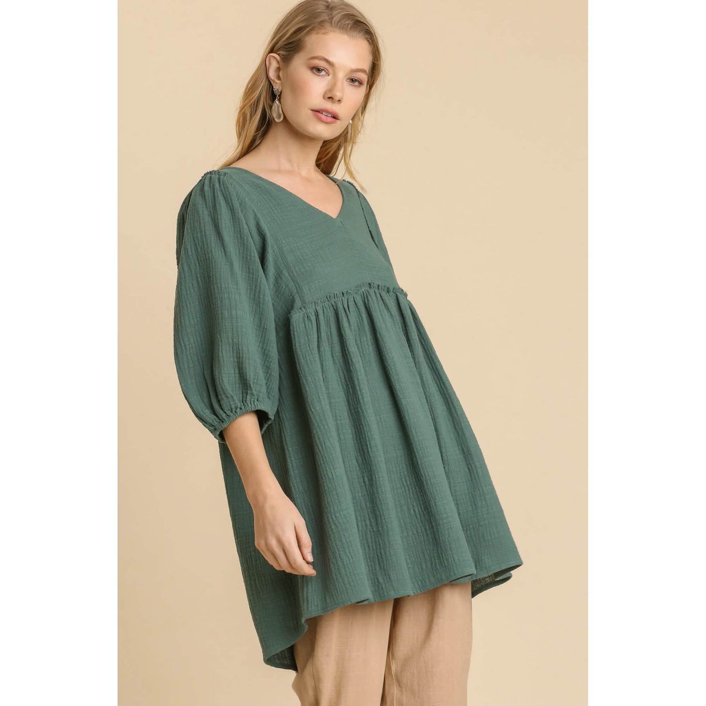 Gauze Slub V-neck Frayed Edge Detail Tunic Dress