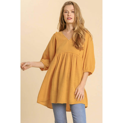 Gauze Slub V-neck Frayed Edge Detail Tunic Dress