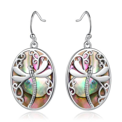 Genuine Blue Abalone Pearl Dragonfly Hook Drop Earrings