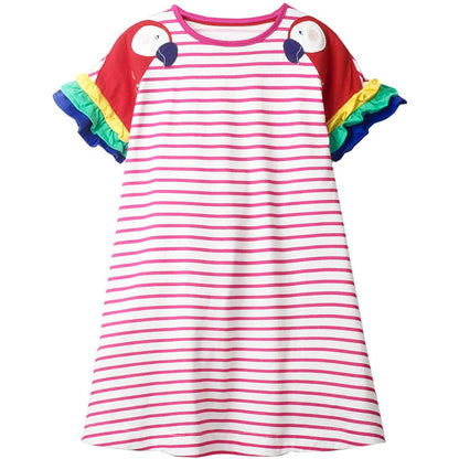 Girls Cotton Long Sleeve Casual Cartoon Appliques Striped Jersey Dress