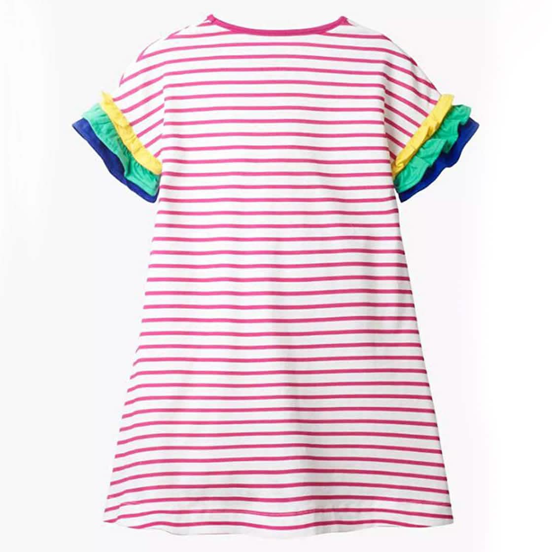 Girls Cotton Long Sleeve Casual Cartoon Appliques Striped Jersey Dress