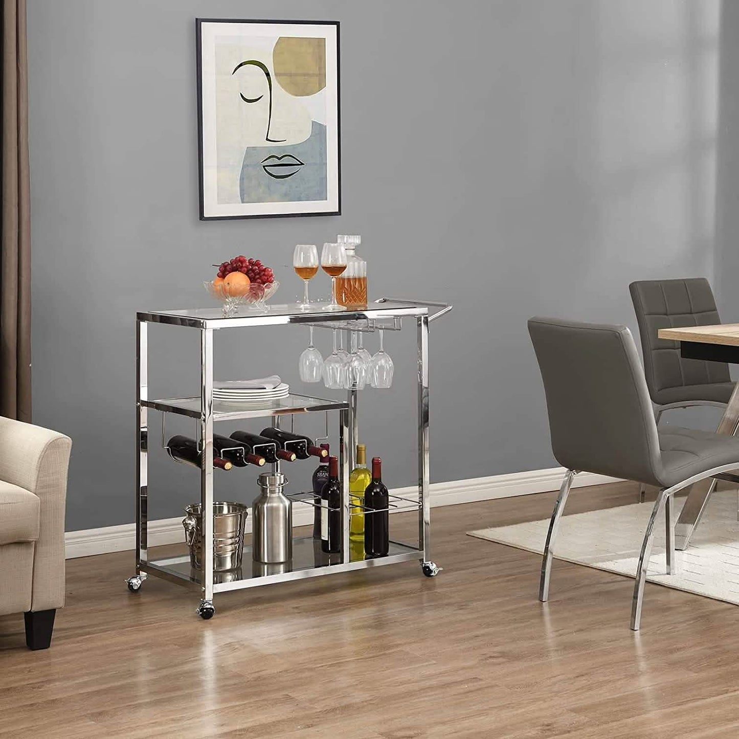 Glass Bar Cart with Wine Rack & Glass Holder