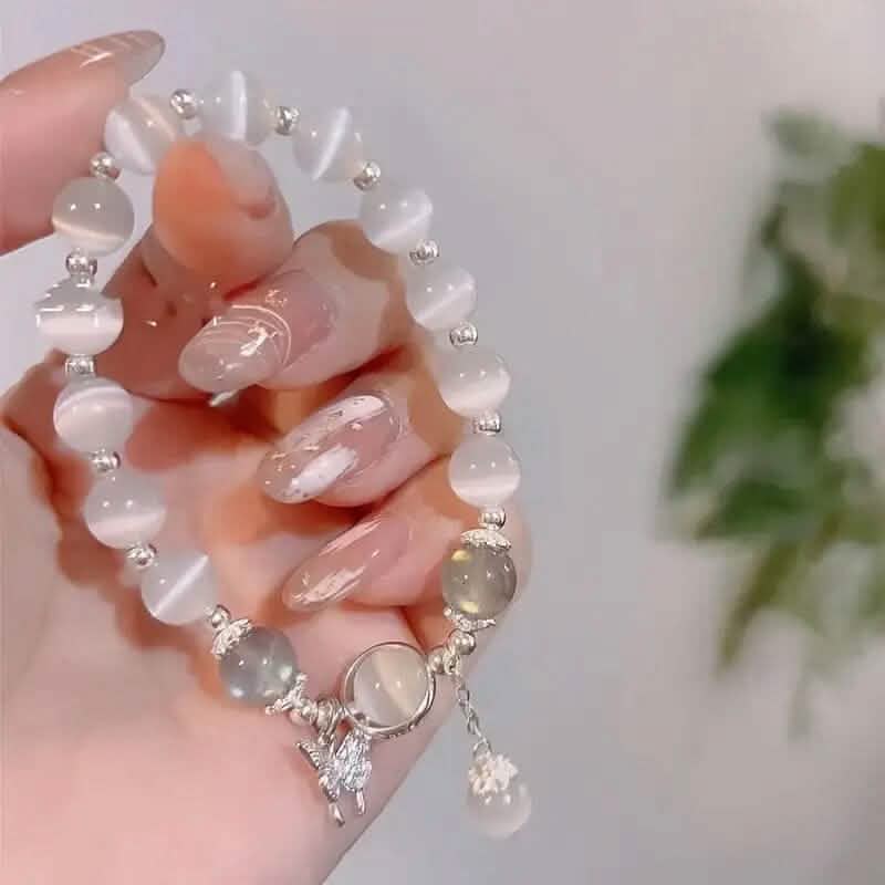 Glass Cat Eye Stone Beaded Bracelet with Butterfly Charm