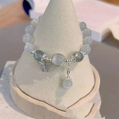 Glass Cat Eye Stone Beaded Bracelet with Butterfly Charm